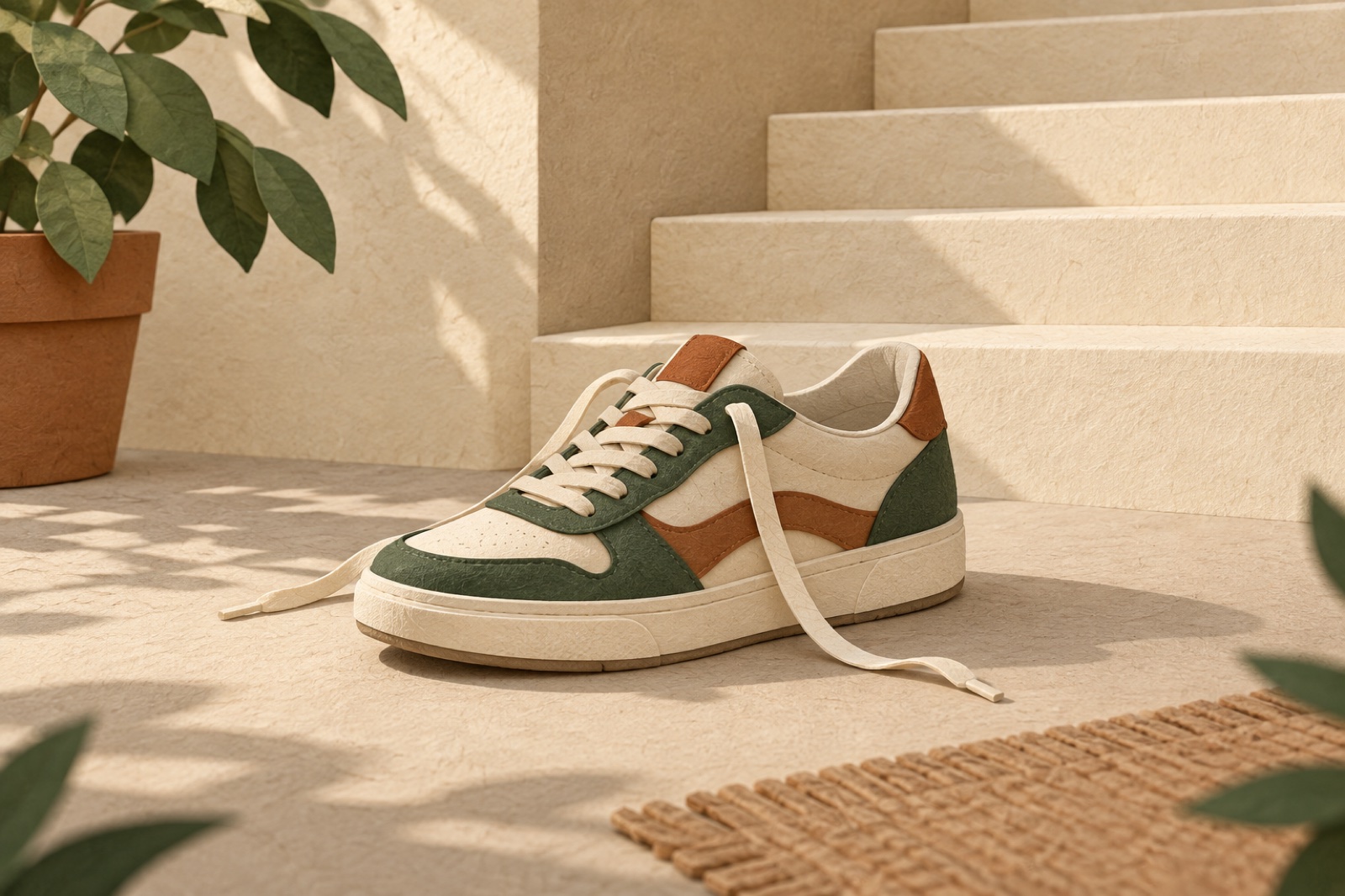 계단 아래에 끈이 풀린 운동화 한 짝이 놓여 있는 종이공예 그림입니다.
