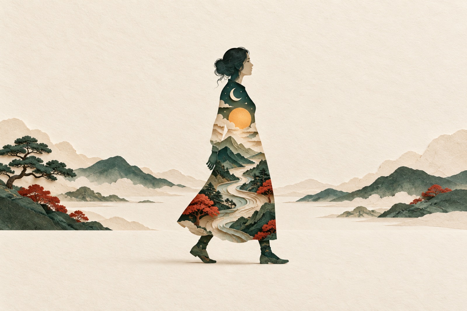 종이로 만든 사람의 옆모습 안에 해와 달, 별, 산과 강이 담긴 작은 우주 일러스트