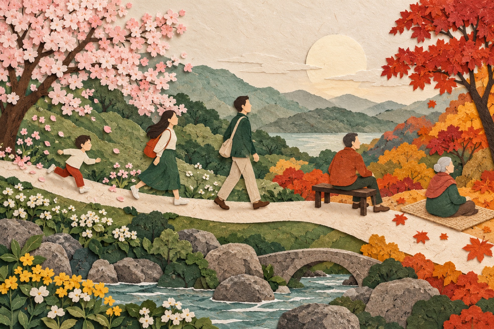 달리는 아이부터 쉬는 노인까지 다섯 사람이 굽은 길을 따라 늘어선 페이퍼아트 일러스트