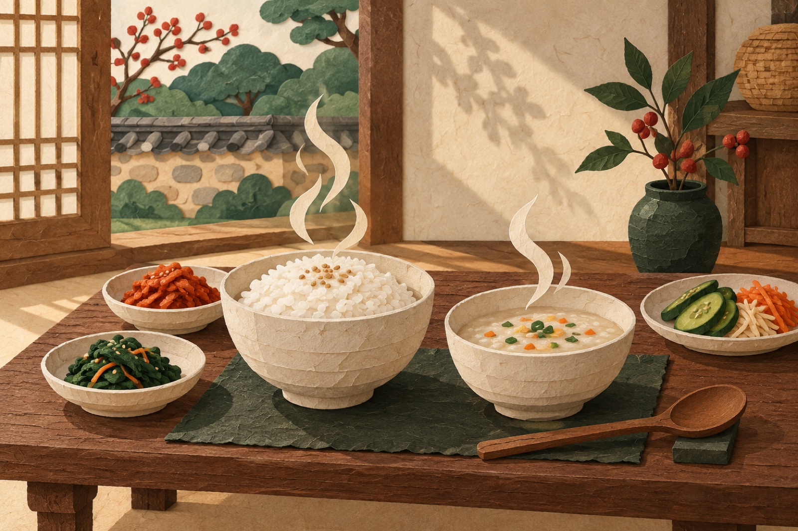 따뜻한 밥과 죽, 소박한 채소 반찬이 놓인 한옥 밥상의 페이퍼아트 일러스트