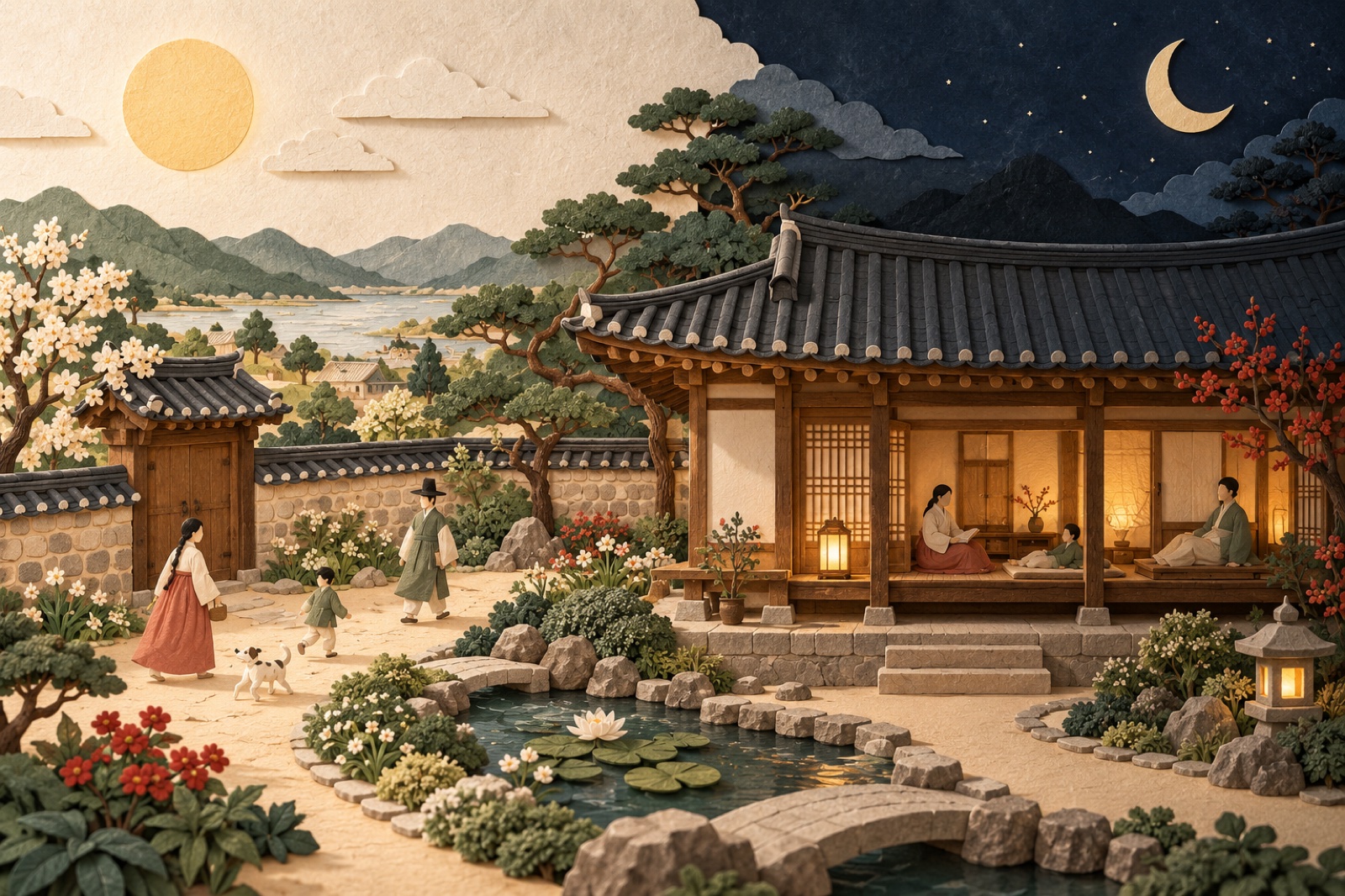 한옥 마당의 낮 활동과 밤의 휴식이 하나의 종이 풍경으로 이어집니다.