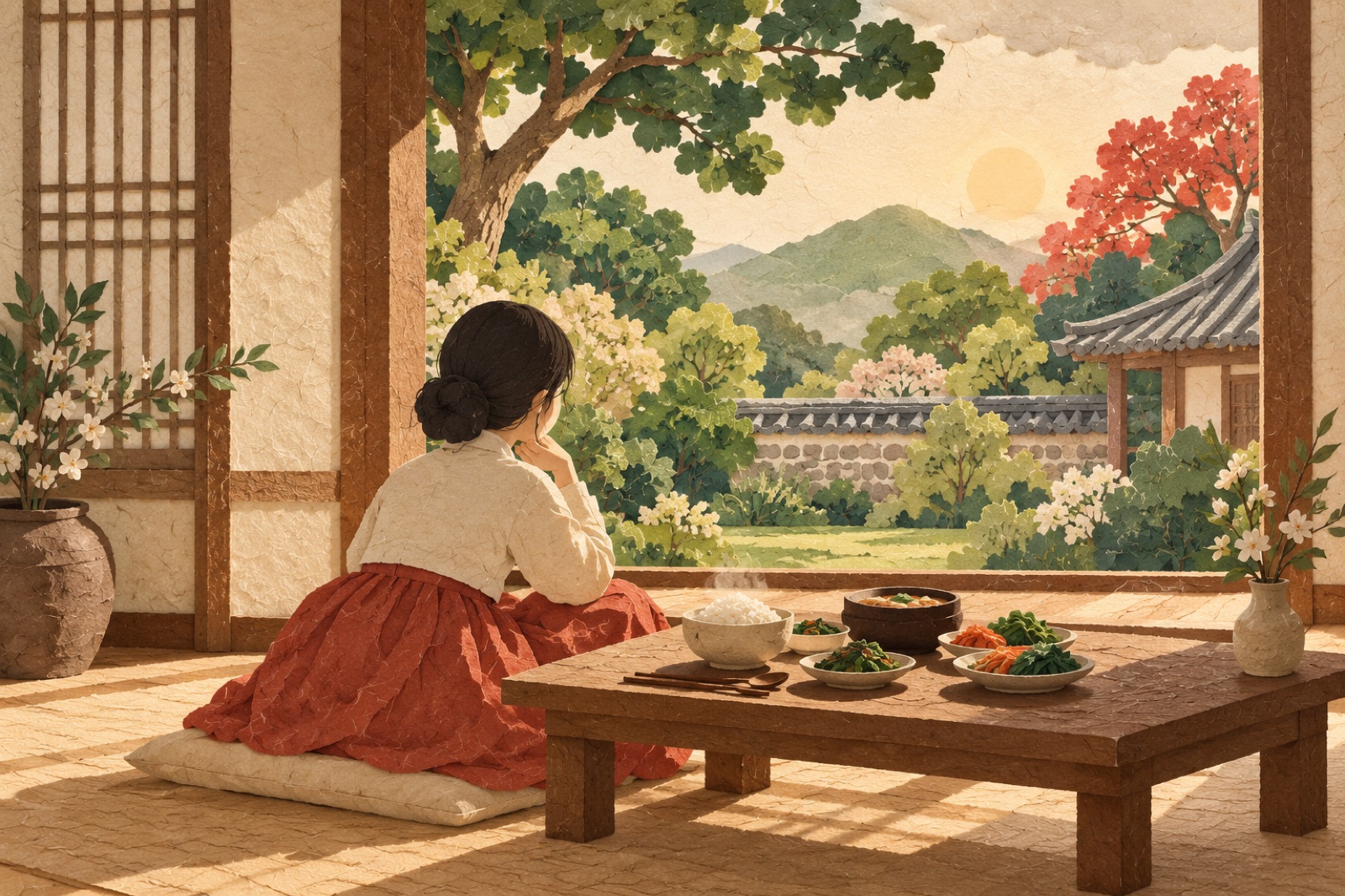 밥상이 놓인 방에서 사람이 햇빛 드는 정원을 바라봅니다.