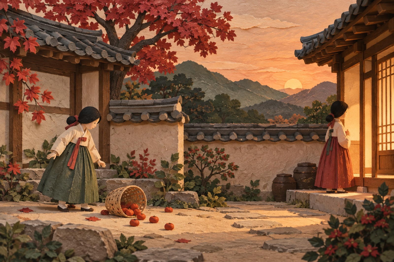 한쪽에서는 사람이 바구니 쪽으로 돌아보고 다른 쪽에서는 불 밝힌 문가에 서 있습니다.