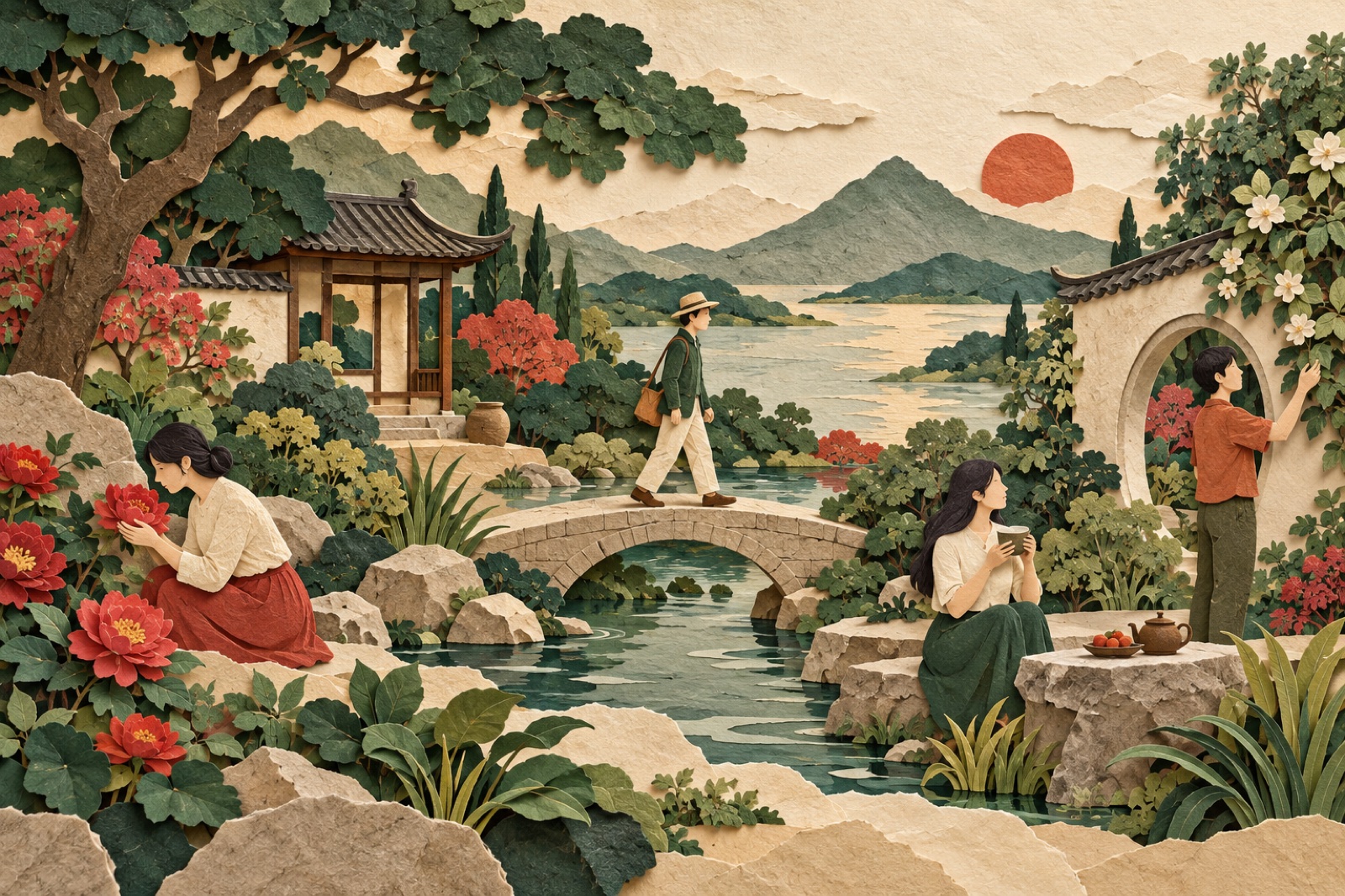 정원에서 사람들이 꽃을 보고 걷고 물건을 잡으며 잎을 만집니다.