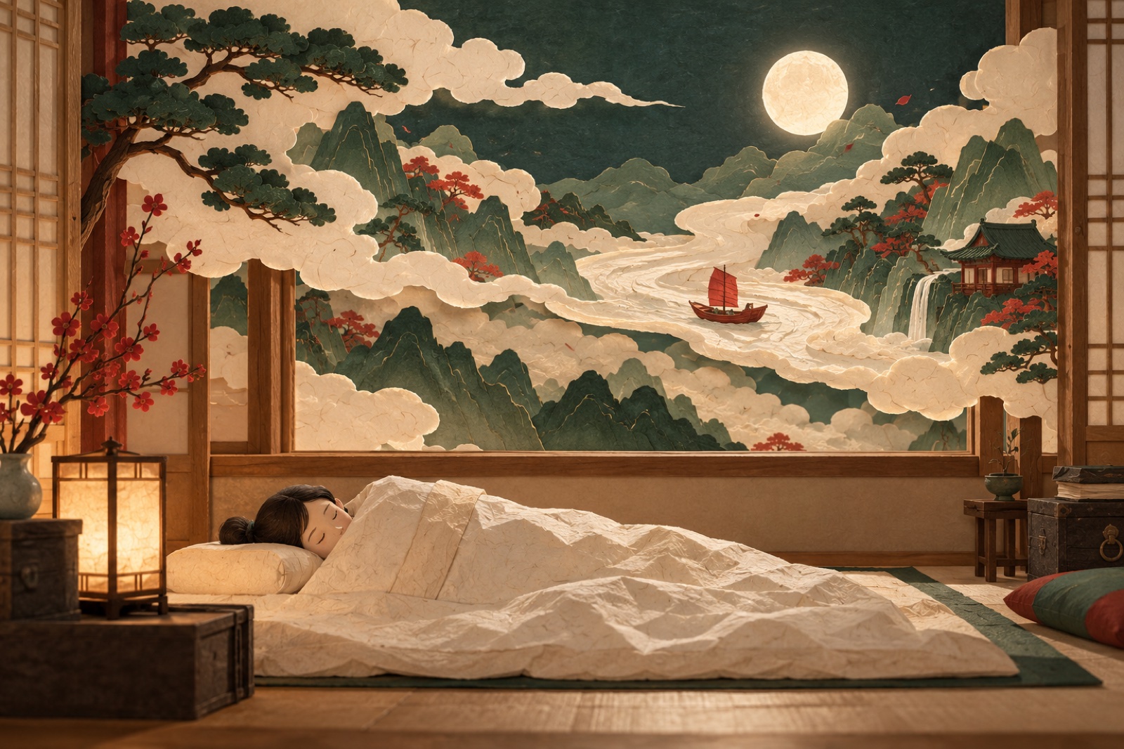 잠든 사람의 방 위로 구름과 산과 작은 배가 꿈처럼 펼쳐집니다.