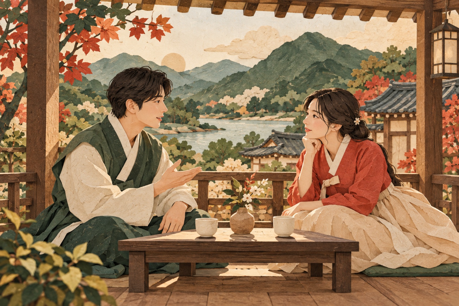 한옥 툇마루에 마주 앉은 두 사람이 말하고 귀 기울여 듣습니다.