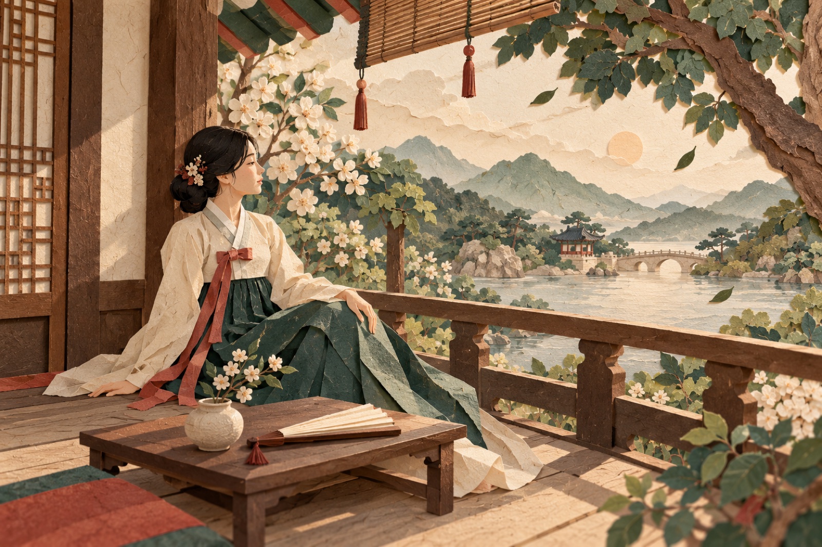 노래를 마친 사람이 부채를 내려놓고 툇마루에서 쉬고 있습니다.