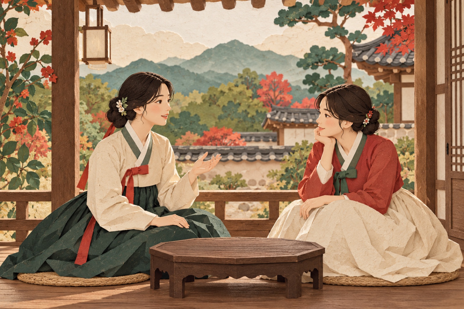 한옥 툇마루에서 한 사람이 말을 꺼내고 다른 사람이 듣습니다.