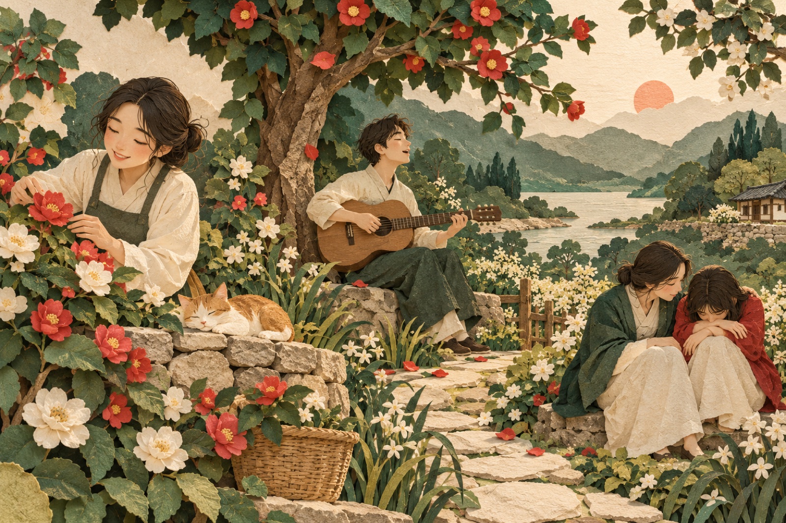 정원 곳곳에서 사람들이 웃고 노래하고 슬퍼하는 이의 곁에 머뭅니다.