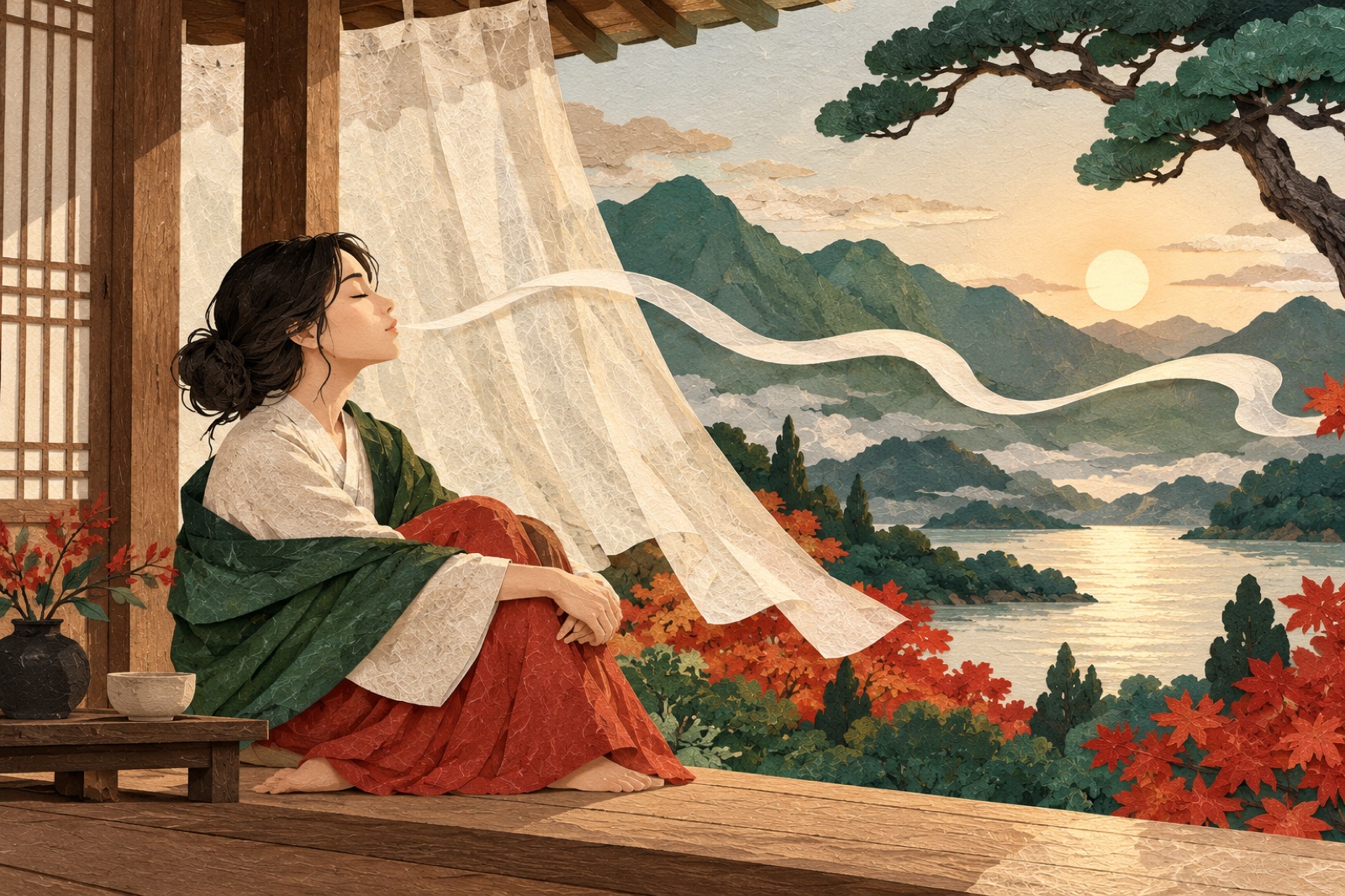 툇마루의 사람이 내쉬는 숨이 느슨한 종이 띠처럼 펼쳐집니다.