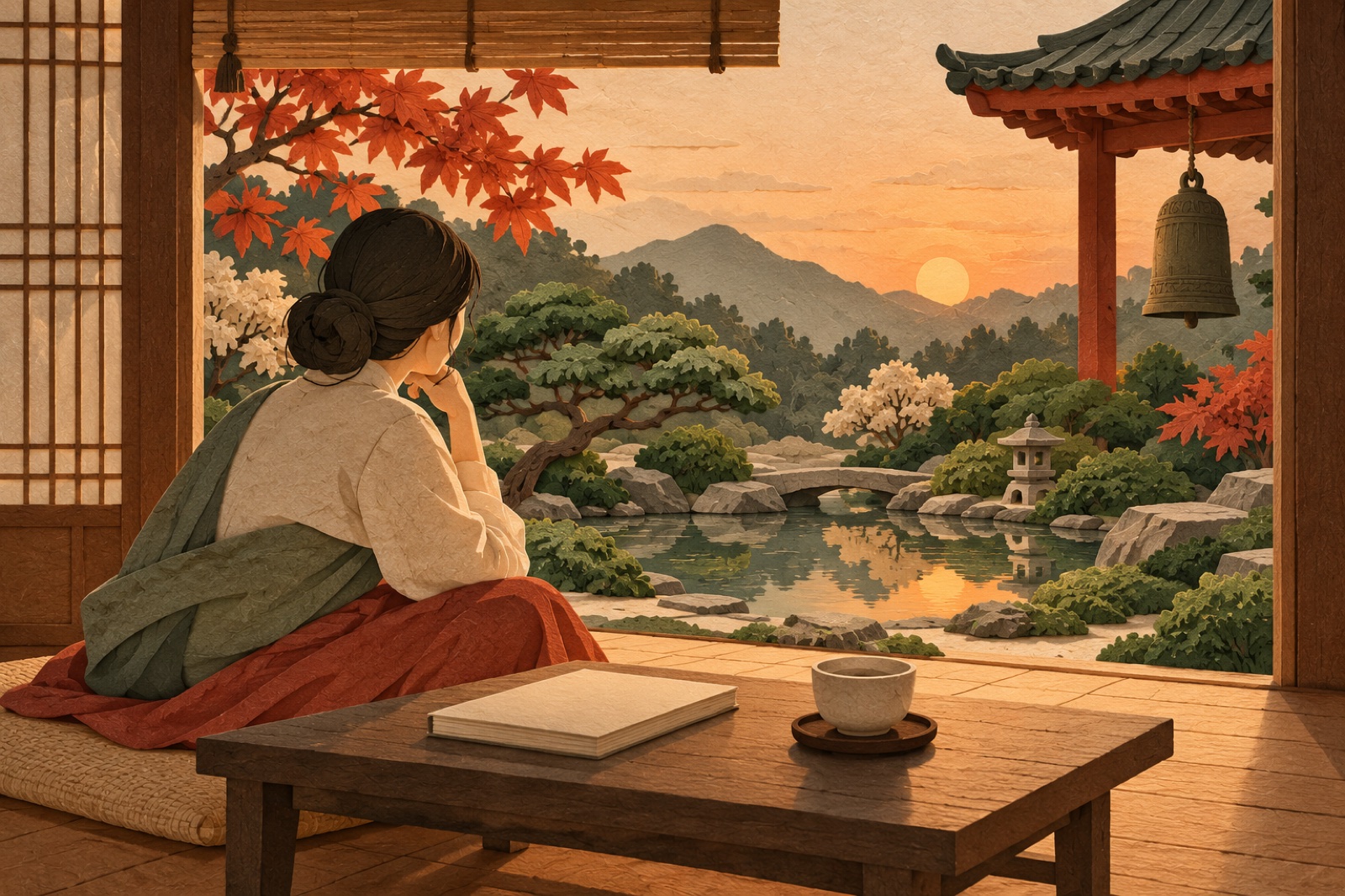 해질 무렵 책을 덮은 사람이 정원을 바라보며 쉬고 있습니다.