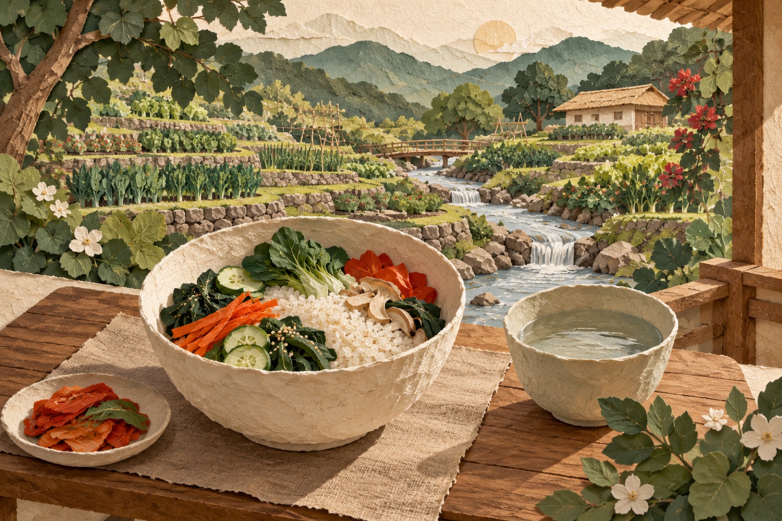 밥과 물이 놓인 밥상 너머로 정원의 물길이 여러 갈래로 이어집니다.