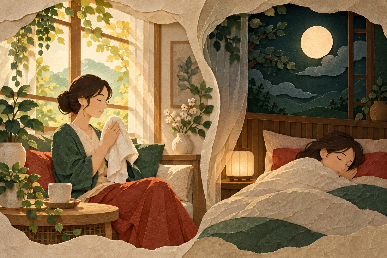햇빛 아래 수건을 든 사람과 달빛 아래 잠든 사람이 나란히 보입니다.