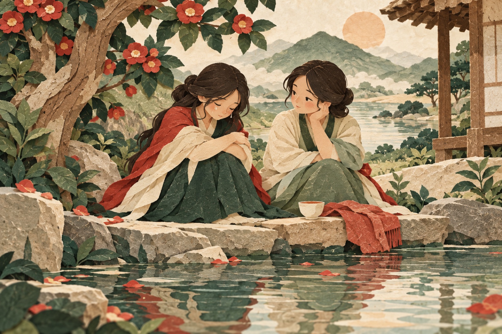 연못 곁에서 눈물 흘리는 사람의 이야기를 친구가 조용히 듣습니다.