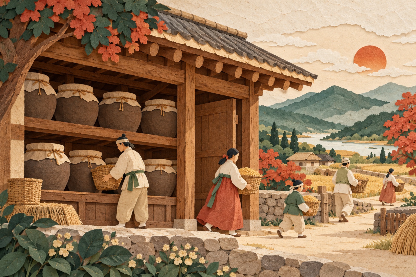 항아리를 간직한 창고 옆 통로로 사람들이 곡식 바구니를 옮깁니다.