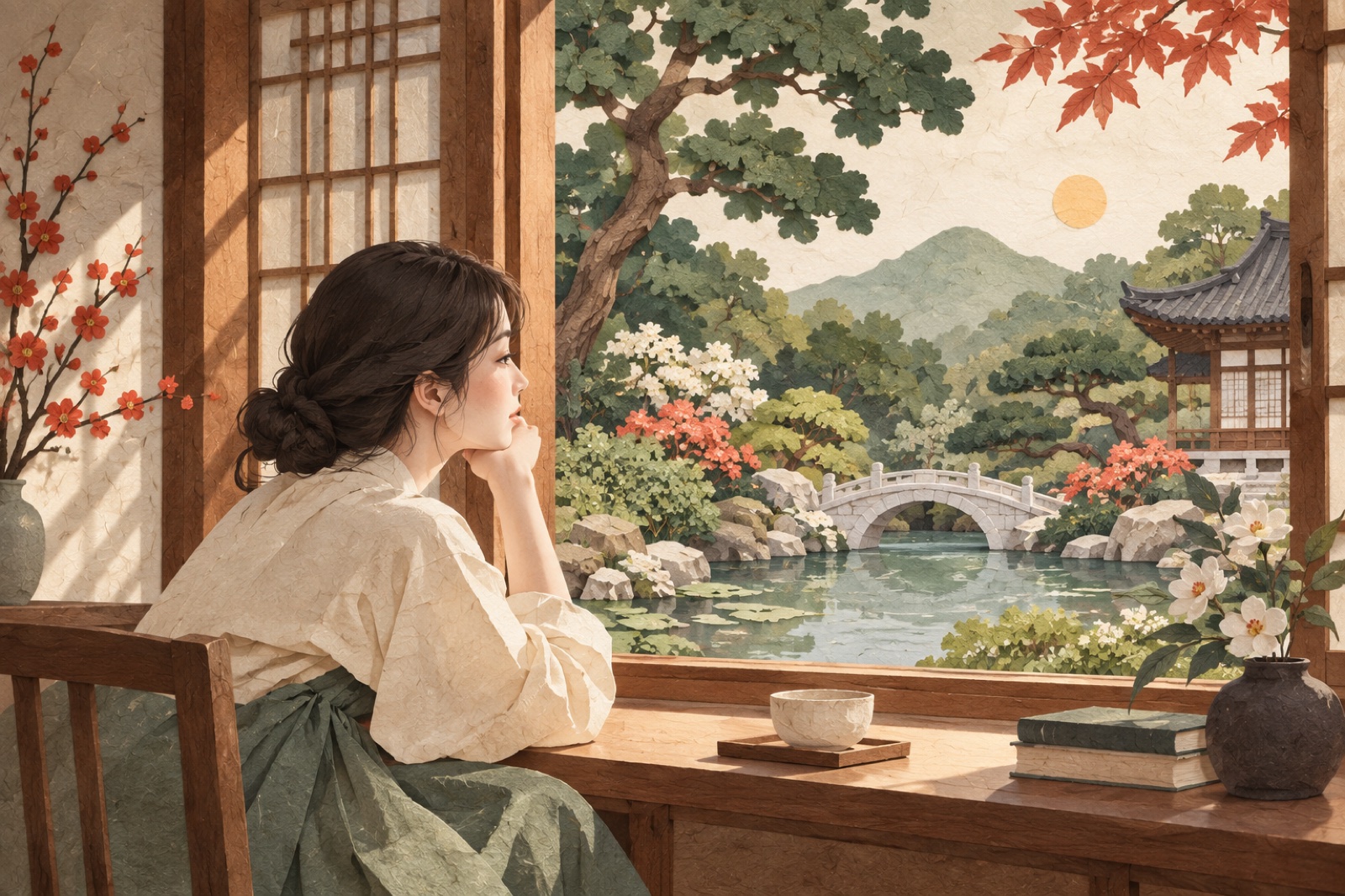 창가에 앉은 사람이 정원을 바라보며 옆얼굴을 드러냅니다.