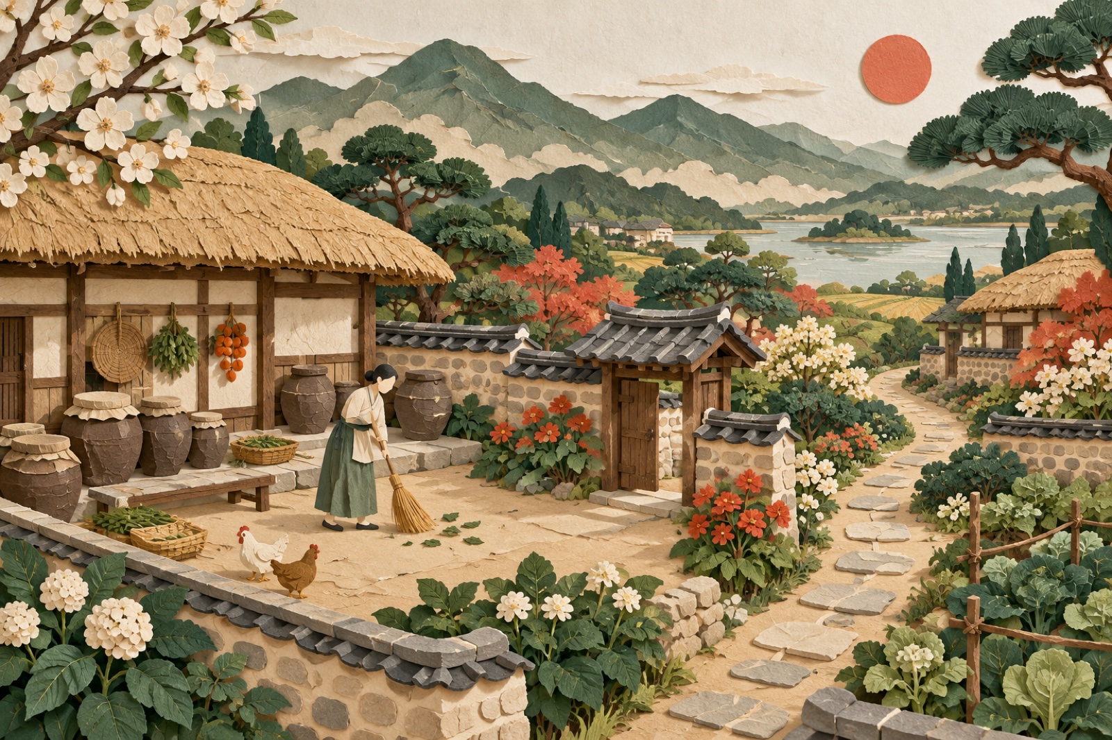 정원사가 마을의 뜰과 연결된 길을 돌보고 있습니다.