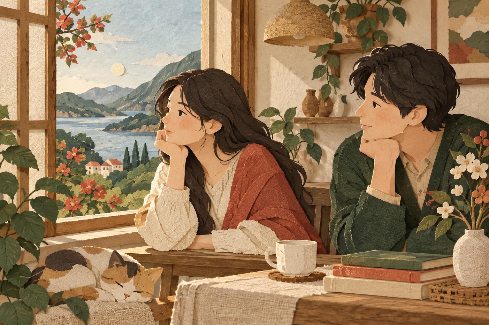 창가에서 생각에 잠긴 사람 곁에 다른 사람이 차분히 귀를 기울입니다.