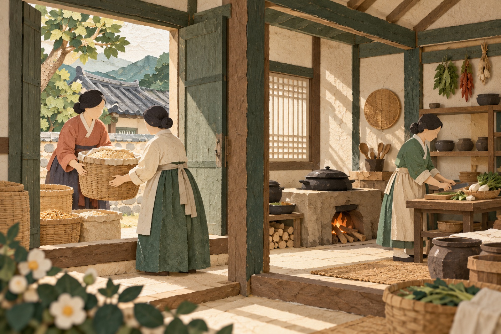 이어진 부엌에서 한쪽은 곡식을 받고 다른 쪽은 식사를 준비합니다.