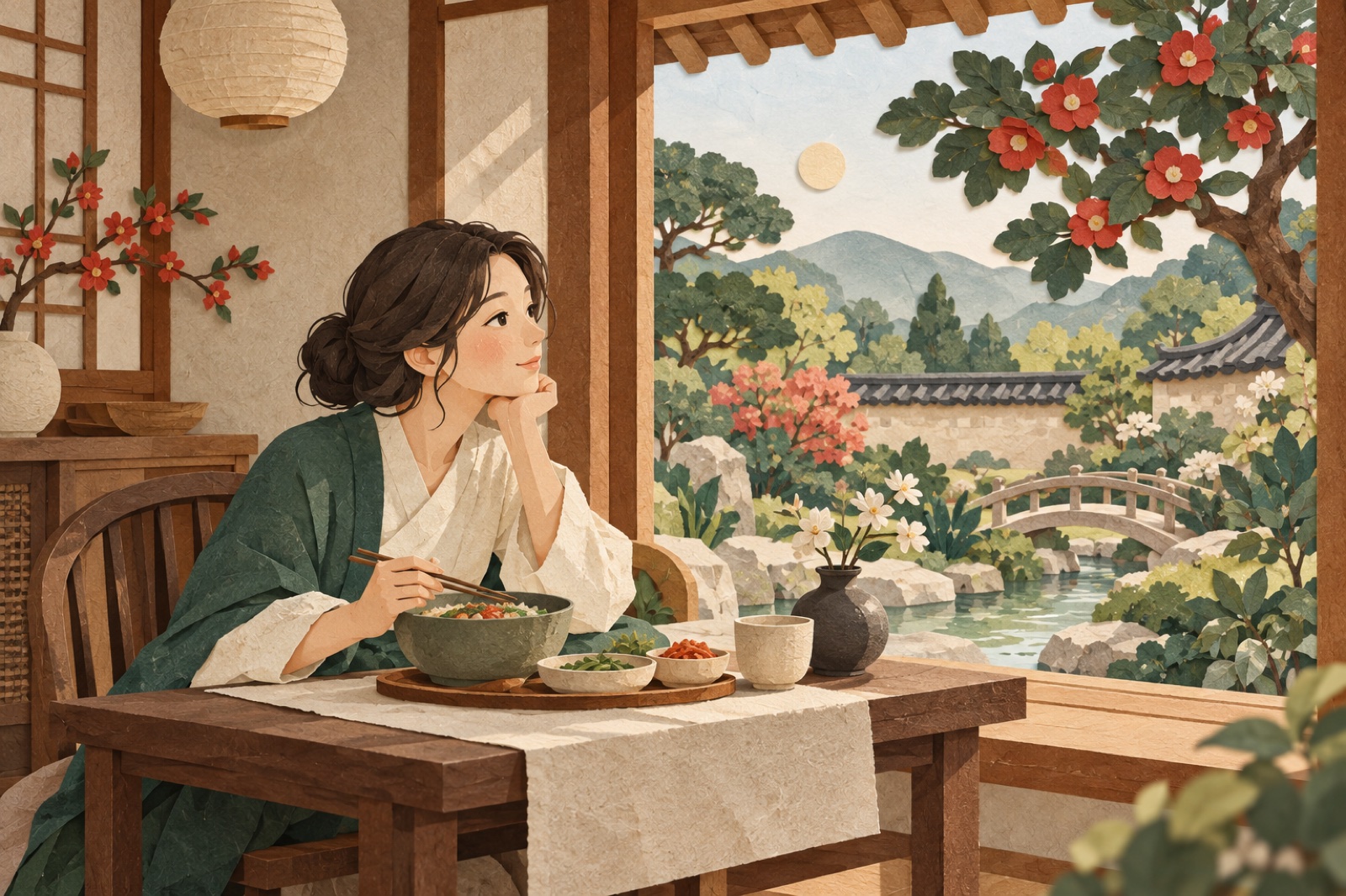 소박한 식탁에 앉은 사람이 정원을 바라보며 생각에 잠겨 있습니다.
