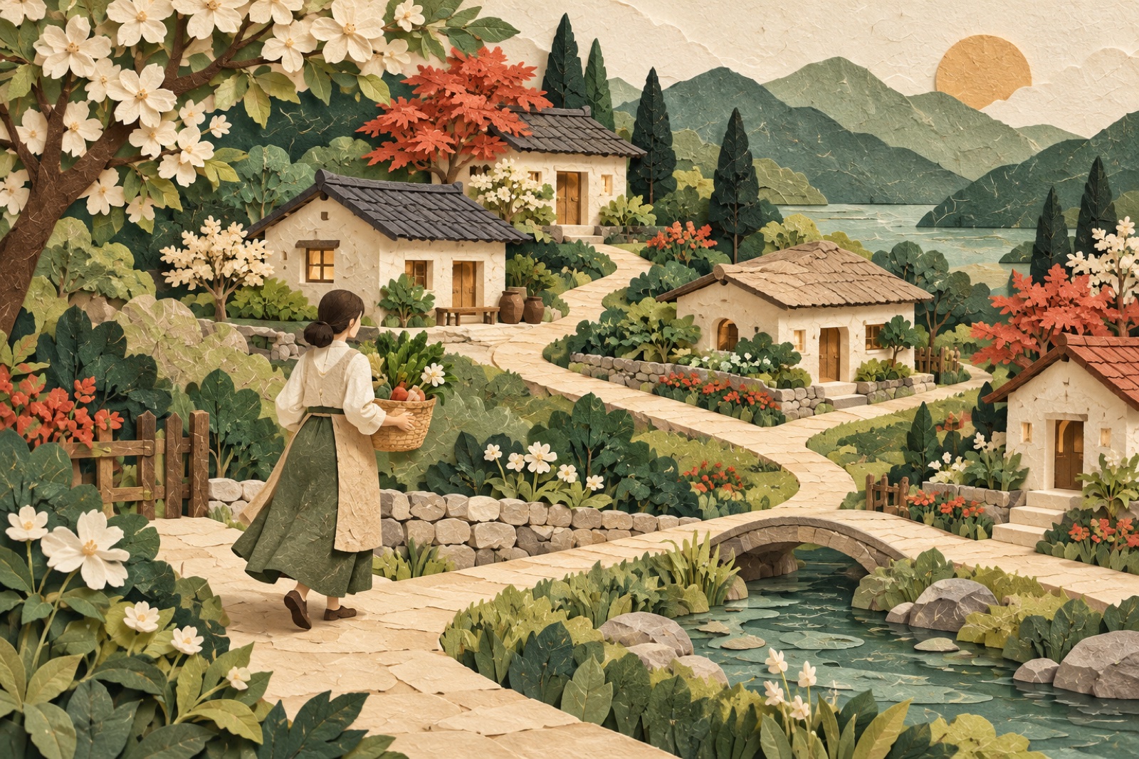 바구니를 든 사람이 정원 길을 따라 작은 집들 사이를 걸어갑니다.