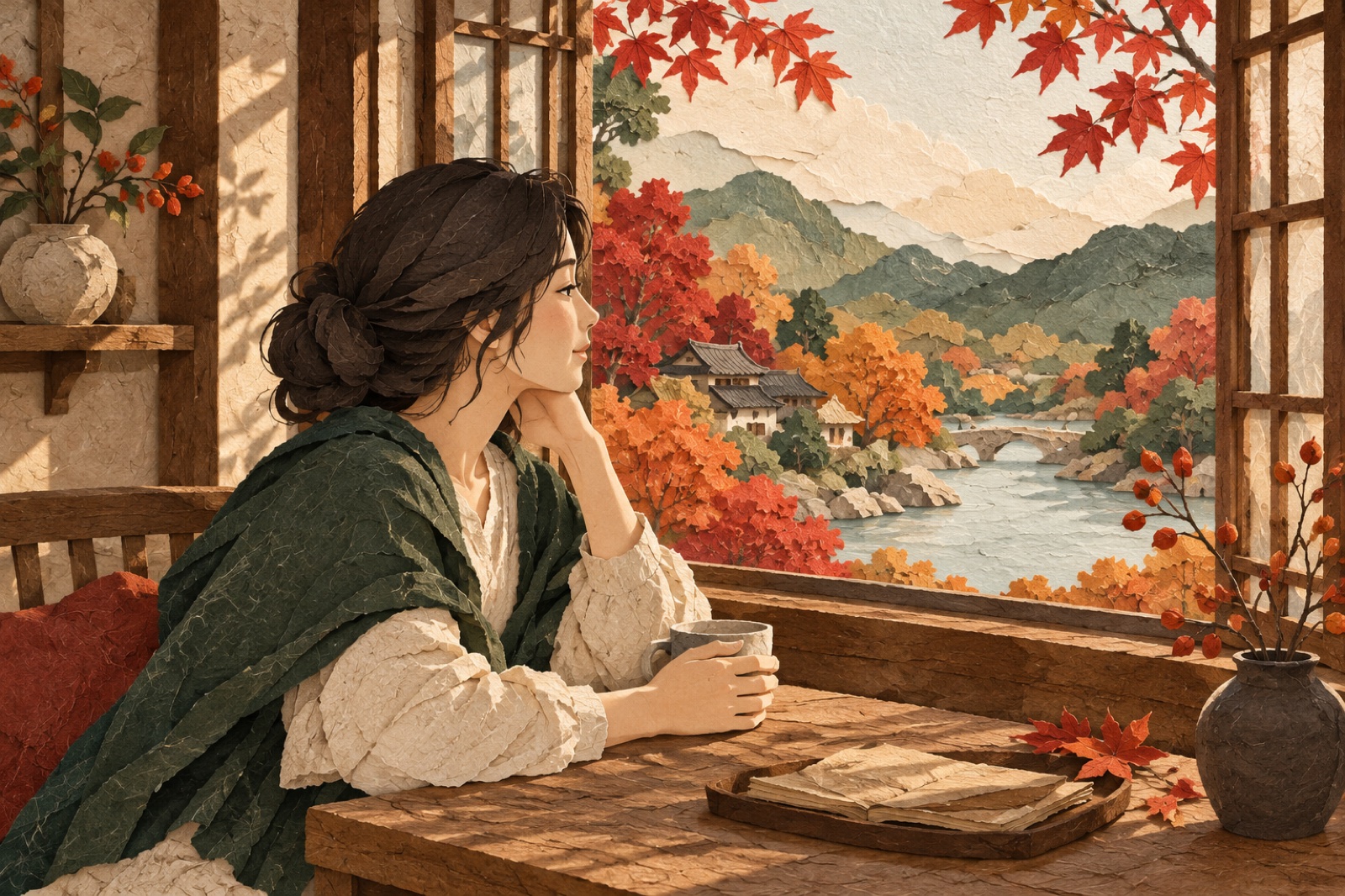 창가의 사람이 가을 나무를 바라보며 옆얼굴을 드러냅니다.