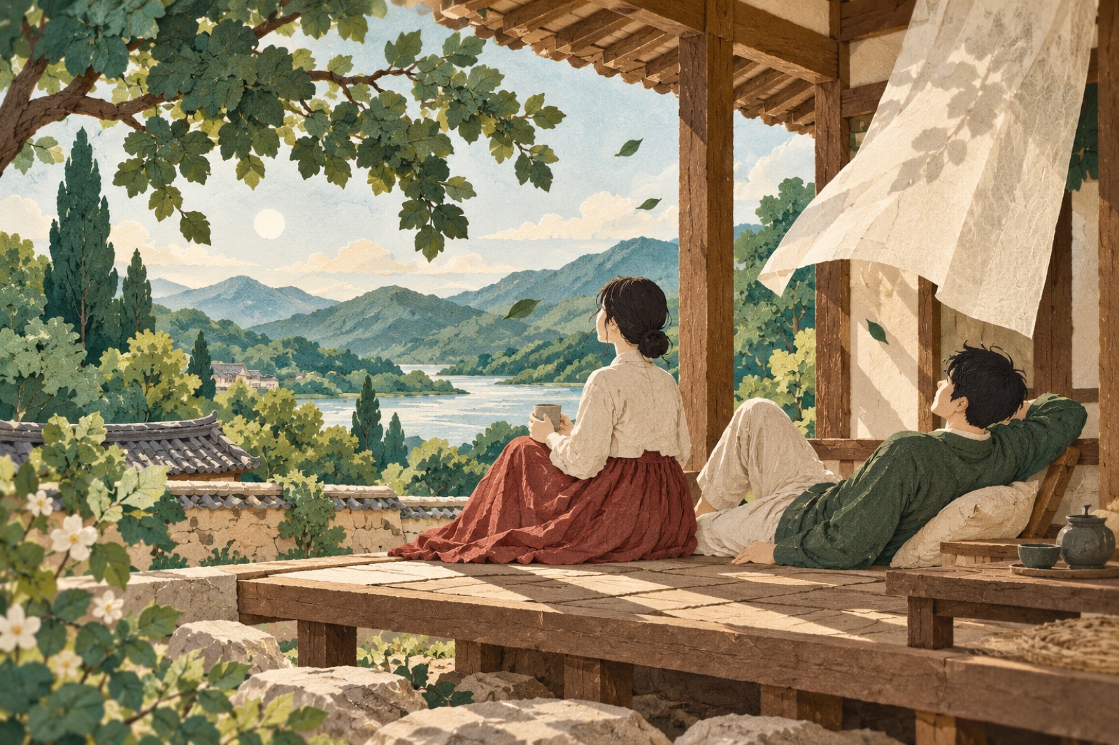 두 사람이 툇마루에 편안히 앉아 바람을 맞으며 쉬고 있습니다.