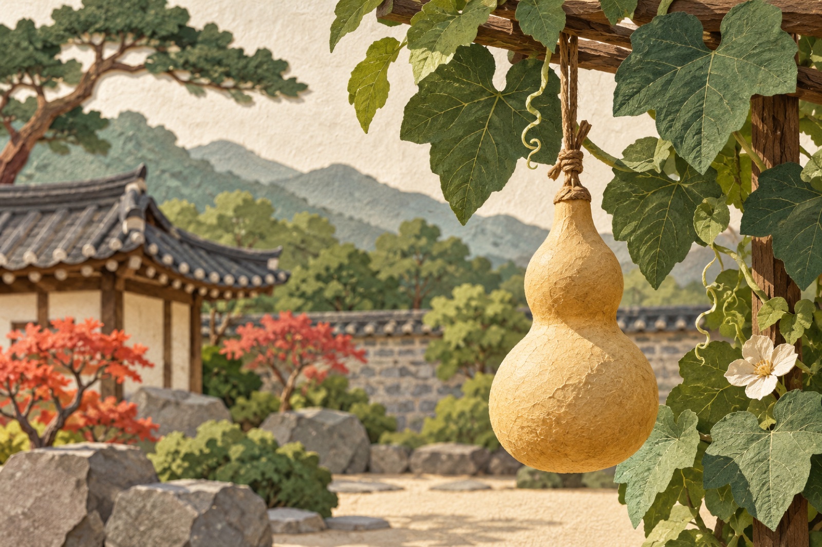 정원 잎사귀 곁에 작은 표주박이 매달려 있습니다.