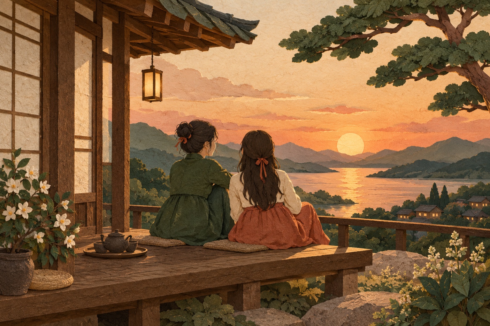 두 사람이 저녁 툇마루에 나란히 앉아 편안히 시간을 보냅니다.